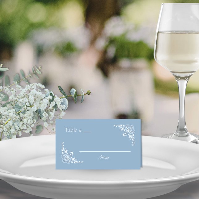 Tarjeta De Asiento Dusty Blue Elegant Blank Table Number Place Card (Elegant dusty blue and white blank table number place cards for romantic chic wedding reception)