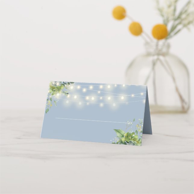 Tarjeta De Asiento Dusty Blue Floral Greeneration String Lights Boda (Anverso)
