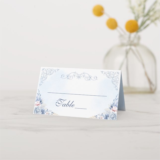 Tarjeta De Asiento Dusty Blue Floral Wedding Table Number (Anverso)