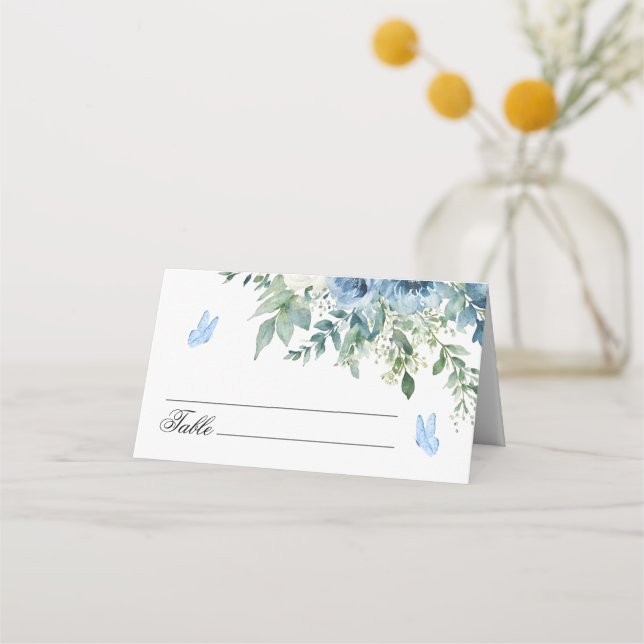 Tarjeta De Asiento Dusty Blue Flowers Wedding  (Anverso)
