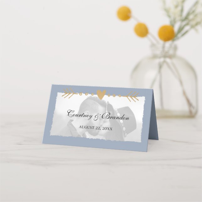 Tarjeta De Asiento Dusty Blue Modern Photo Gold Hearts Boda (Anverso)