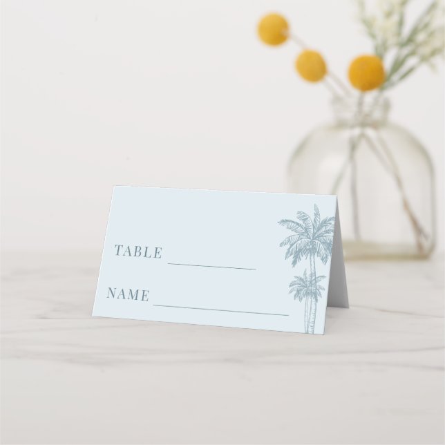 Tarjeta De Asiento Dusty Blue Palm Tree Boho Beach Wedding Table (Anverso)