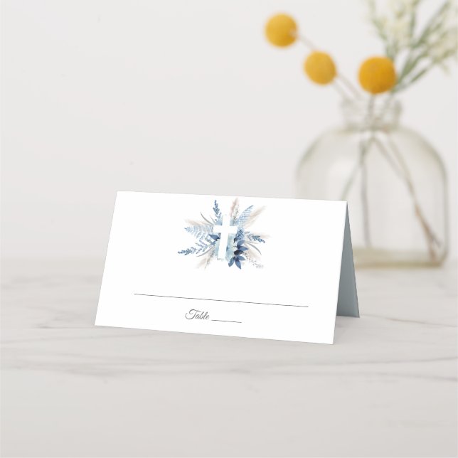 Tarjeta De Asiento Dusty blue pampas floral first holy communion (Anverso)