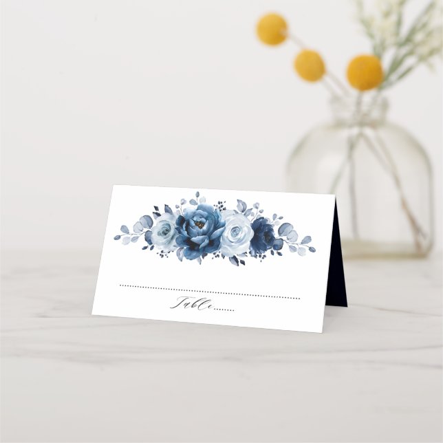 Tarjeta De Asiento Dusty Blue Slate Navy Boda Botánico Floral (Anverso)