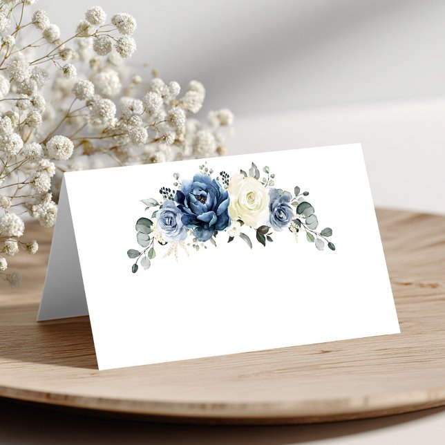 Tarjeta De Asiento Dusty Marina Azul Champagne Boda de marfil Pla (Dusty Blue Navy Champagne Ivory Floral Wedding Place Card)