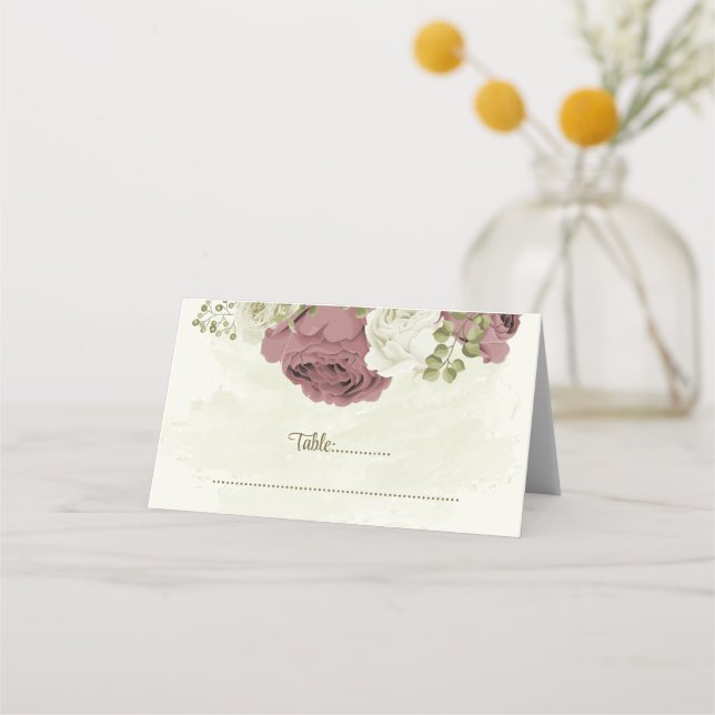 Tarjeta De Asiento dusty rose white flowers botanical wedding (Anverso)