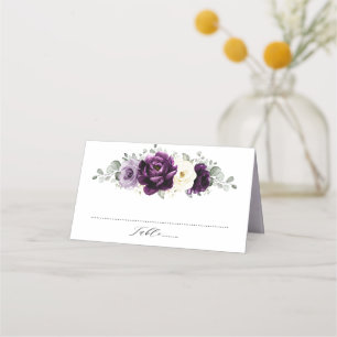 Tarjeta De Asiento Eggplant Purple Plum Marfil White Floral Boda