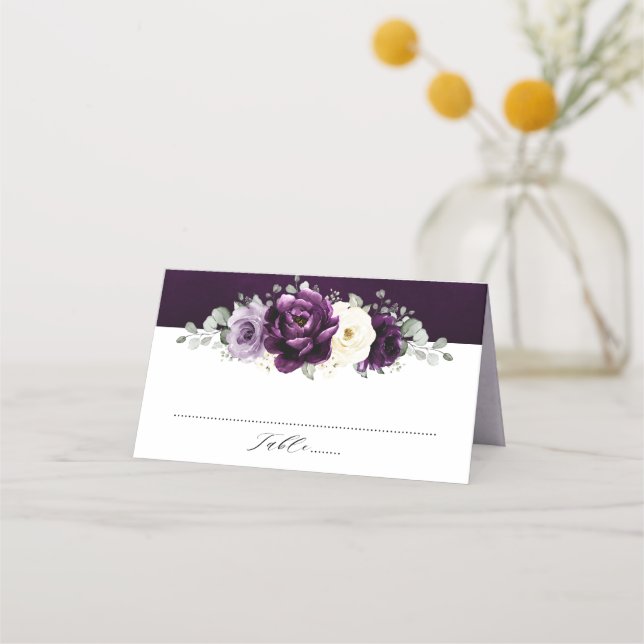 Tarjeta De Asiento Eggplant Purple Plum Marfil White Floral Boda Pl (Anverso)
