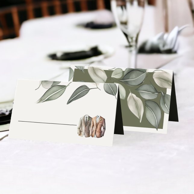 Tarjeta De Asiento El follaje verde apagado dos Bodas de Grooms (Muted Green Foliage Two Grooms Wedding Place Cards from Ricaso)