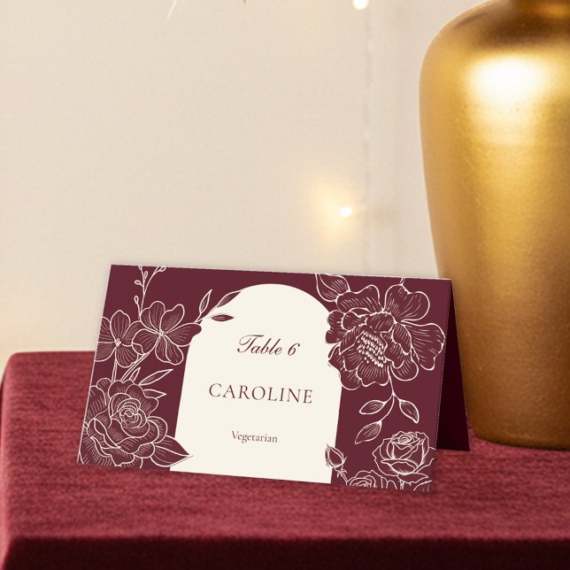 Tarjeta De Asiento Elección de comida floral de Borgoña profunda Tarj (Deep Burgundy Floral Line Art with Ivory Arch Wedding Table Place Card with Meal Choice)