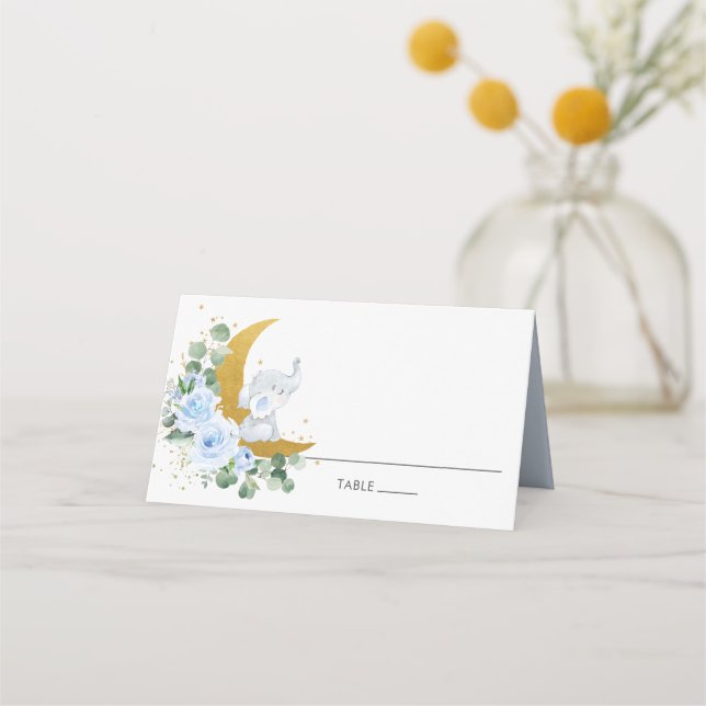 Tarjeta De Asiento Elefante Floral Azul Crescent Moon Guest Name (Anverso)