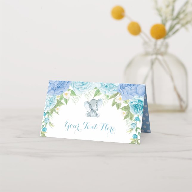 Tarjeta De Asiento Elefante Rosas Azules Baby Shower Primer cumpleaño (Anverso)