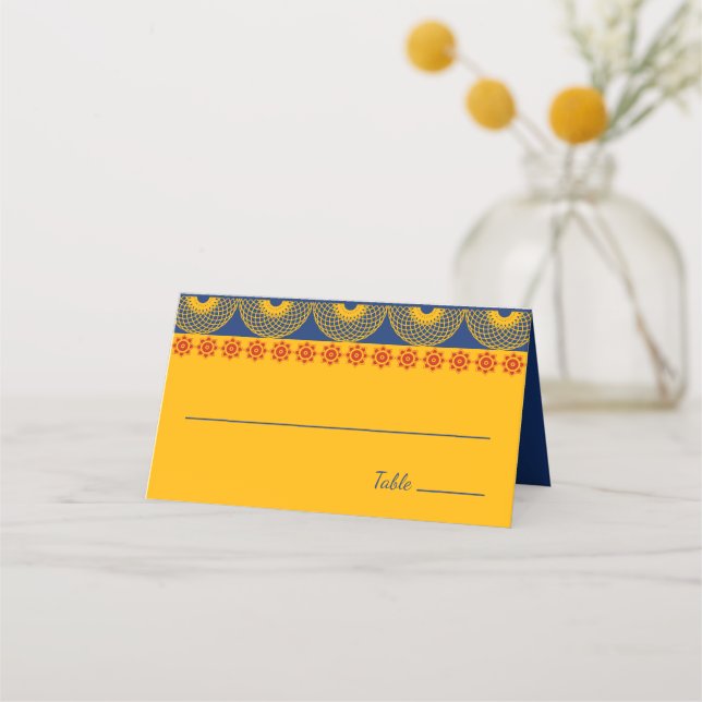 Tarjeta De Asiento Elefantes con temática india en Boda azul real (Anverso)