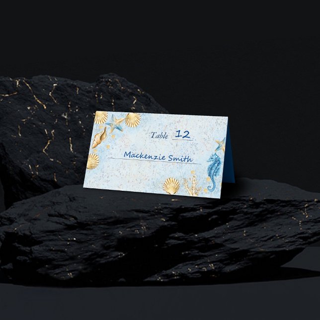 Tarjeta De Asiento Elegancia Costera | Moderno Azul y Dorado Bajo el  (Subido por el creador)