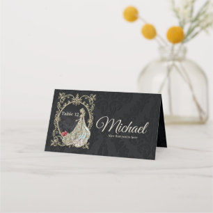 Tarjeta De Asiento Elegancia en oro y negro.