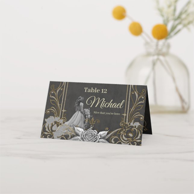 Tarjeta De Asiento Elegancia en plata y negro. (Anverso)