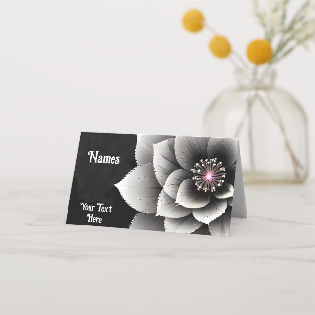Tarjeta De Asiento Elegancia sin tiempo: Boda negro y plateado de flo (Anverso)
