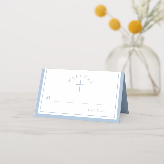Tarjeta De Asiento Elegant Baby Blue Religious Boy Baptism (Anverso)
