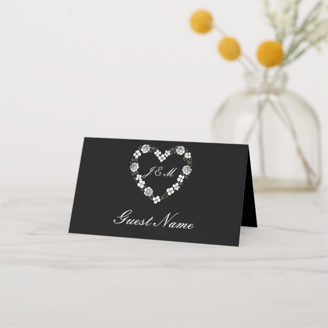 Tarjeta De Asiento Elegant Black Floral Heart Wedding Place Card (Anverso)