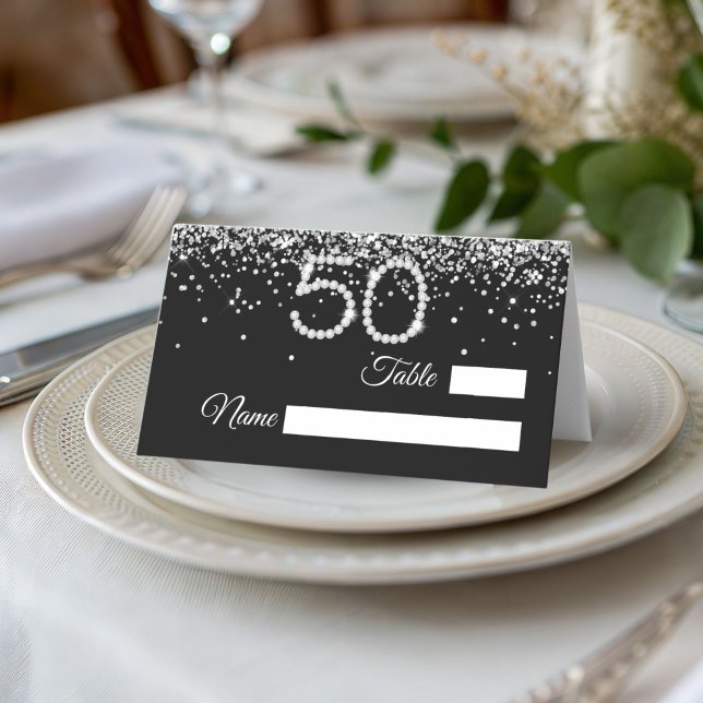 Tarjeta De Asiento Elegant Diamonds 50th Birthday Party Place Card (Black and silver 50th Birthday party place card)