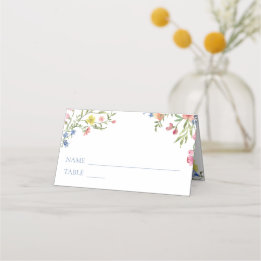 Tarjeta De Asiento Elegant Dusty Blue Pastel Wildflower Crest Wedding