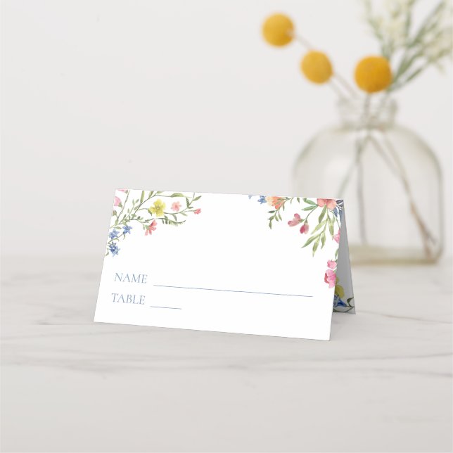Tarjeta De Asiento Elegant Dusty Blue Pastel Wildflower Crest Wedding (Anverso)