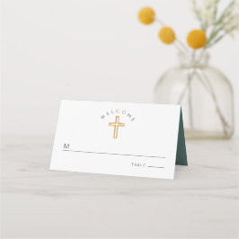 Tarjeta De Asiento Elegant Green Script Cross First Holy Communion