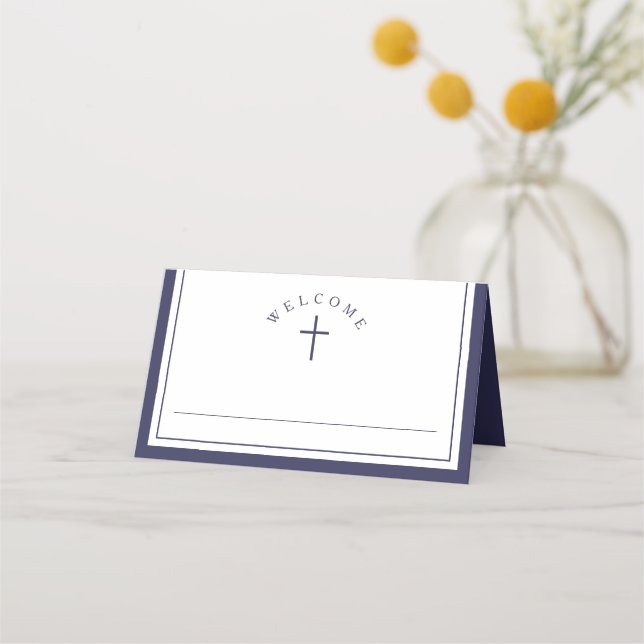 Tarjeta De Asiento Elegant Navy Blue Boy First Communion (Anverso)