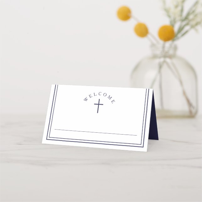 Tarjeta De Asiento Elegant Navy Blue Boy First Communion (Anverso)