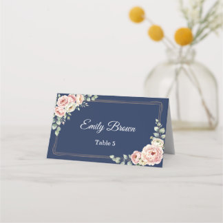 Tarjeta De Asiento Elegant Navy Blue Watercolor Floral Wedding