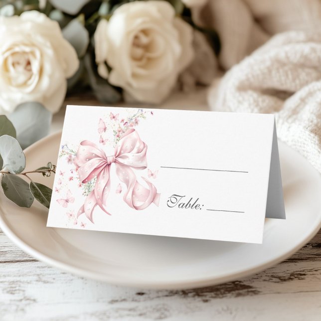 Tarjeta De Asiento Elegant Pink Bow Pearls Floral Table (Coquette Pink Bow Pearls Floral place card)