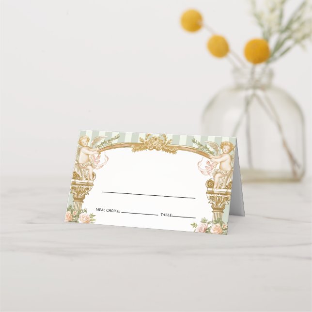 Tarjeta De Asiento Elegant Sage Green Cherub Wedding Place Card (Anverso)