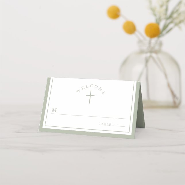 Tarjeta De Asiento Elegant Sage Green Religious Boy Baptism (Anverso)