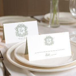Tarjeta De Asiento Elegant Sage Green Vintage Crest Monogram Wedding