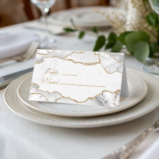 Tarjeta De Asiento Elegant White & Gold Agate Birthday Dinner  (Elegant White and Gold Birthday Dinner Place cards)