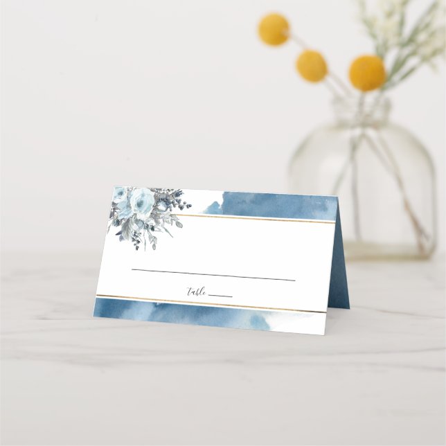 Tarjeta De Asiento Elegante acuarela azul y floral azul (Anverso)