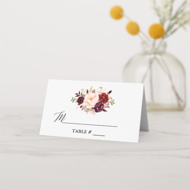 Tarjeta De Asiento Elegante acuarela Borgoña Boda floral (Anverso)