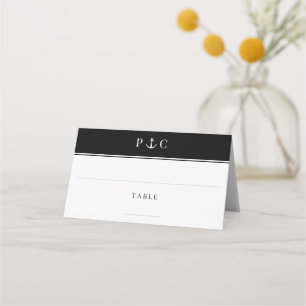 Tarjeta De Asiento Elegante Ancla Náutica Monograma Blanco Negro