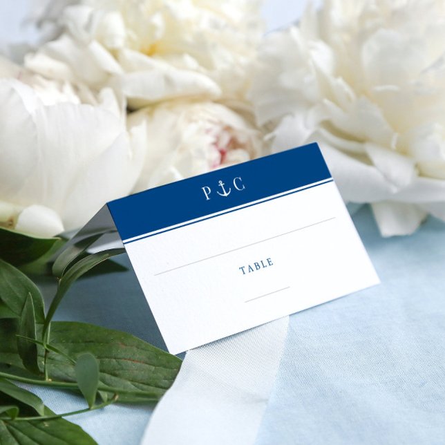 Tarjeta De Asiento Elegante Ancla Náutica Monograma Marina Azul (Elegant Nautical Navy Blue Anchor place card with minimal monogram by Coastal Map Designs)