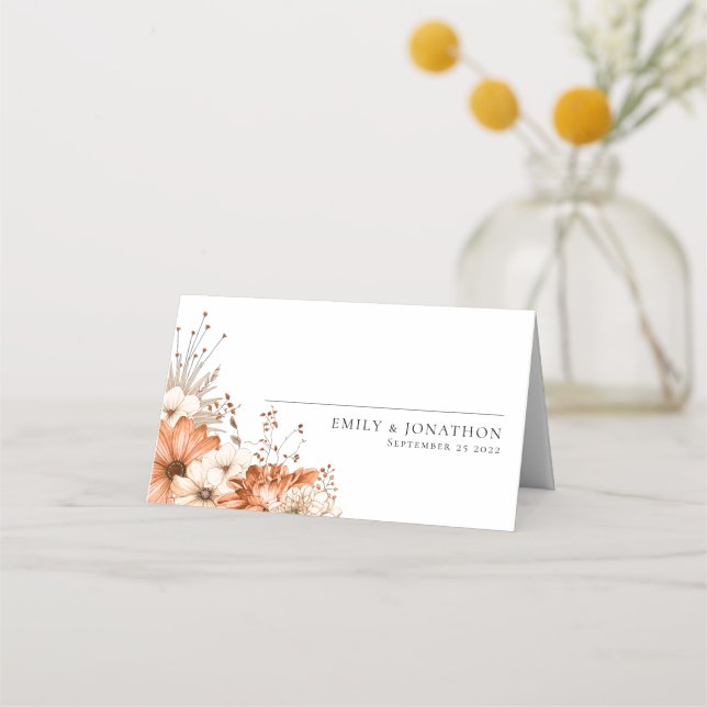 Tarjeta De Asiento Elegante Autumn Floral Bouquet Names Date Boda (Anverso)