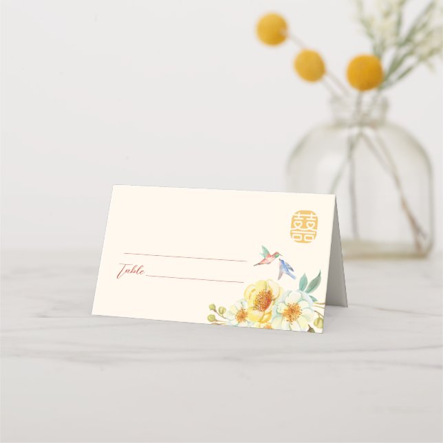 Tarjeta De Asiento Elegante ave floral boda china (Anverso)