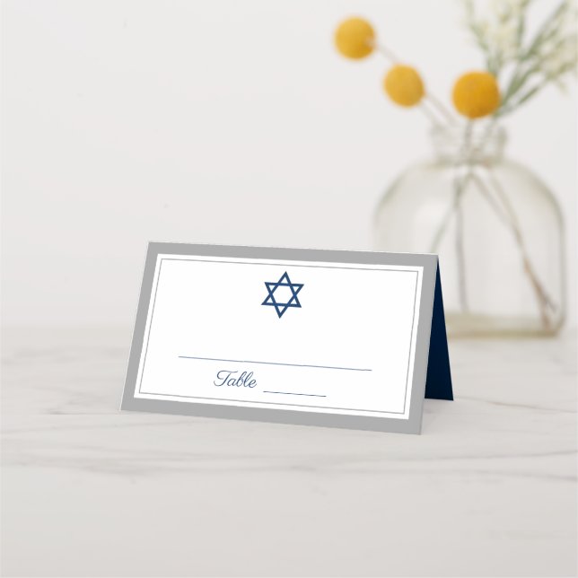 Tarjeta De Asiento Elegante bar gris y azul marino Mitzvah (Anverso)