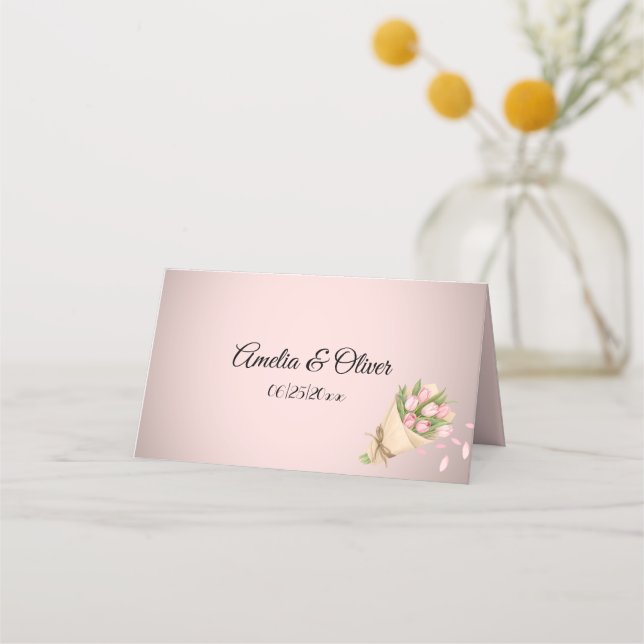 Tarjeta De Asiento Elegante Boda Bouquet de Tulipanes Rosados (Anverso)