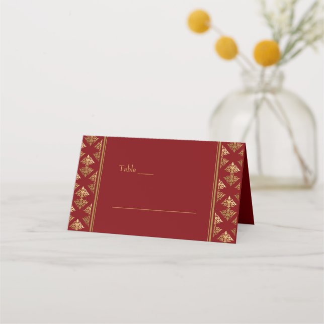 Tarjeta De Asiento Elegante Boda con estampado de Damask Red Gold (Anverso)