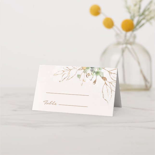Tarjeta De Asiento Elegante Boda de acuarela de hojas de oro (Anverso)