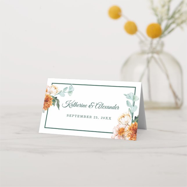 Tarjeta De Asiento Elegante Boda de acuarela floral otoño (Anverso)