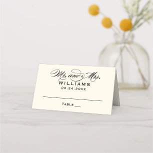 Tarjeta De Asiento Elegante boda de caligrafía en marfil negro Sr Sra