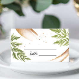 Tarjeta De Asiento Elegante Boda de color verde y oro moderno