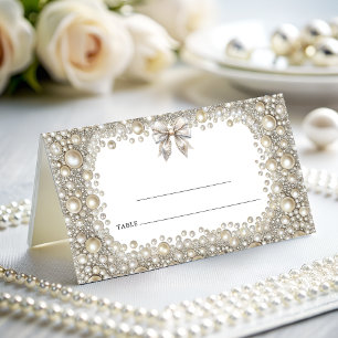 Tarjeta De Asiento Elegante Boda de Diamantes y Perlas