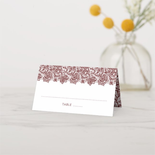 Tarjeta De Asiento Elegante Boda de encaje de Borgoña (Anverso)